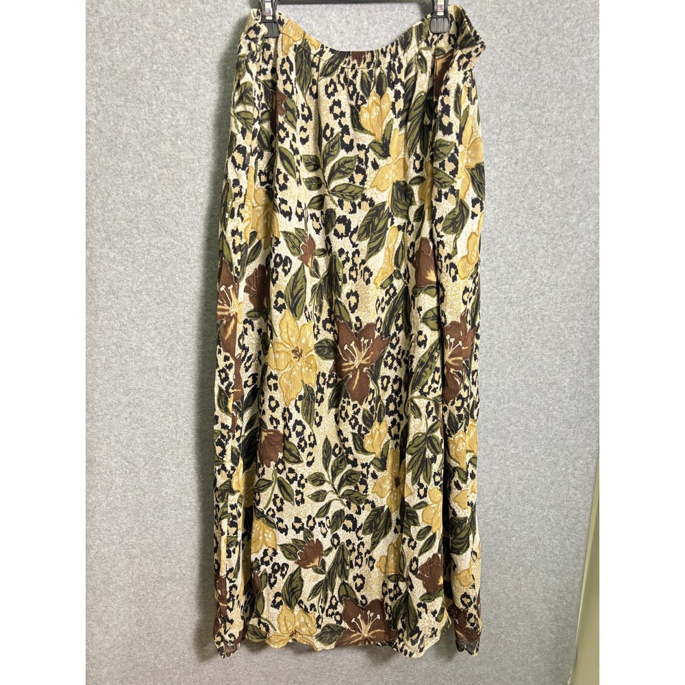 100% Silk Shell Floral Leopard Print Maxi Skirt Womens 2X Cottagecore Boho